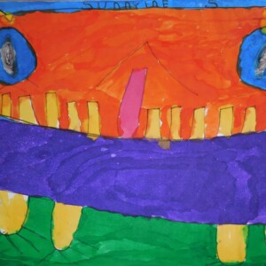 I have been making collections of my artwork for my fourth book, I Love Yous. This an animal. He is happy because he is eating food. He loves to go outside. Artwork by Jeffrey Johnson