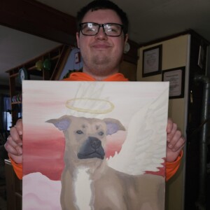 Brandan paints pictures of pets for his friends and family. He paints many different things and likes to sell them at community events. He also does pottery. Painting by Brandan Moreau