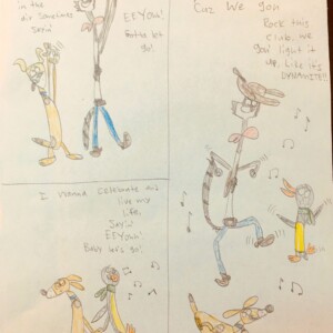 Katya dedicates hours each day on her comics. She enfuses joy in all her drawings. In this drawing, Friends Dance Party, Katya gets her characters, Cooper the penguin and Rocky the racoon and Juliet the dog to dance off their troubles and enjoy life. They are going to rock this club like it's DYNAMITE. Katya's art is always full of fun and a love for living. Friends Dance Party by Katya Nardone